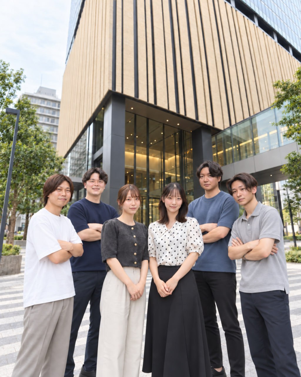屋外に集まる6人のアイネクストのチームメンバー
